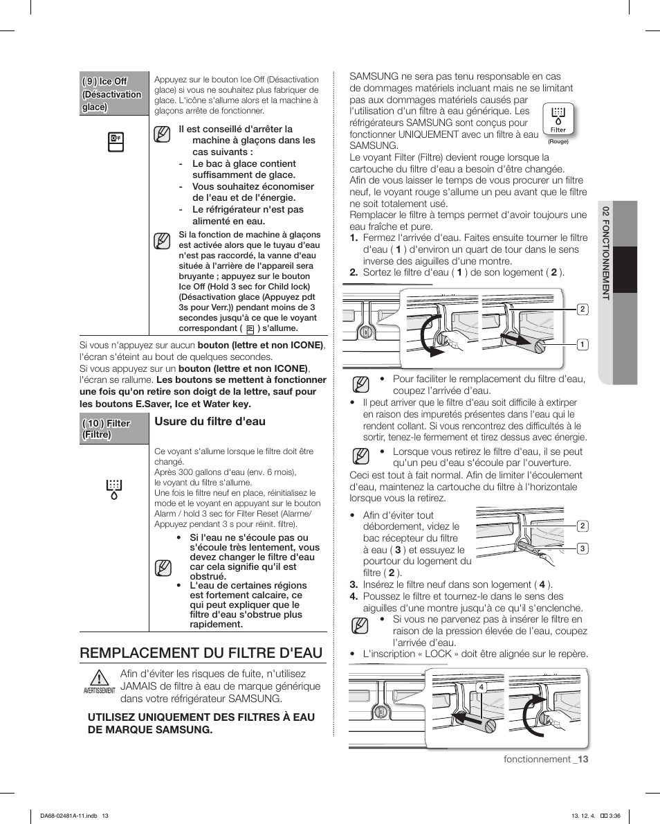 Remplacement du filtre d'eau | Samsung RF4267HAWP-XAA User Manual | Page 69 / 84