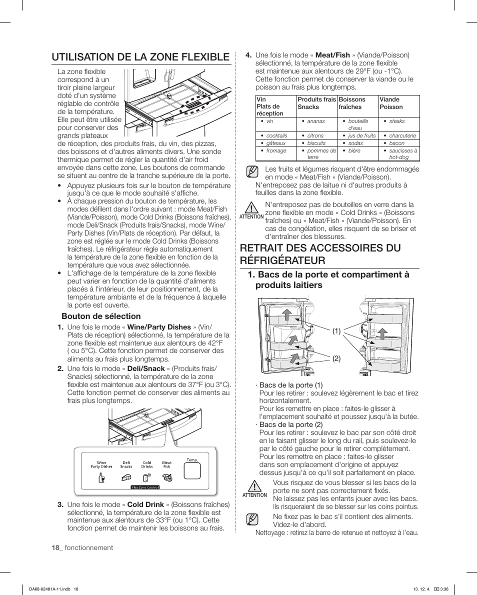 Utilisation de la zone flexible, Retrait des accessoires du réfrigérateur | Samsung RF4267HAWP-XAA User Manual | Page 74 / 84