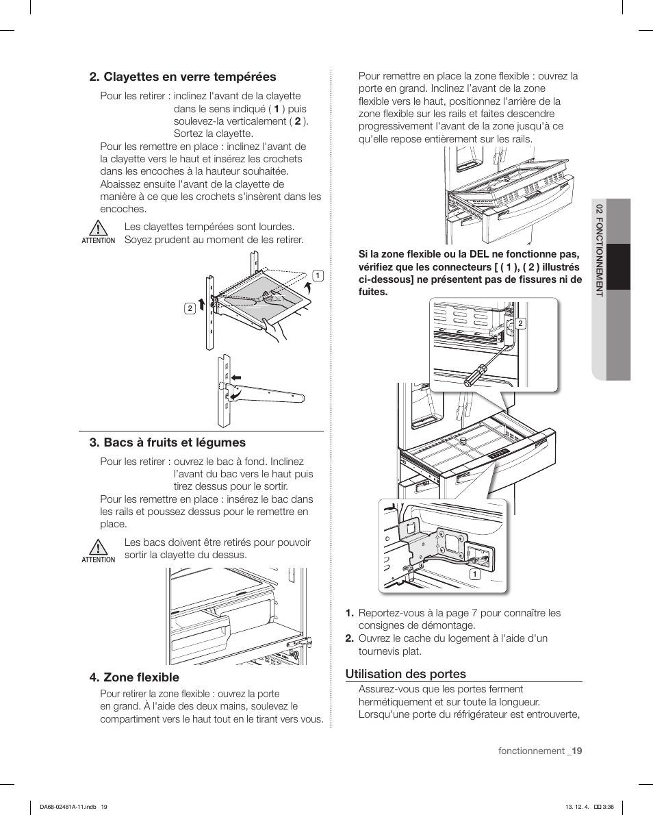 Clayettes en verre tempérées, Bacs à fruits et légumes, Zone flexible | Utilisation des portes | Samsung RF4267HAWP-XAA User Manual | Page 75 / 84