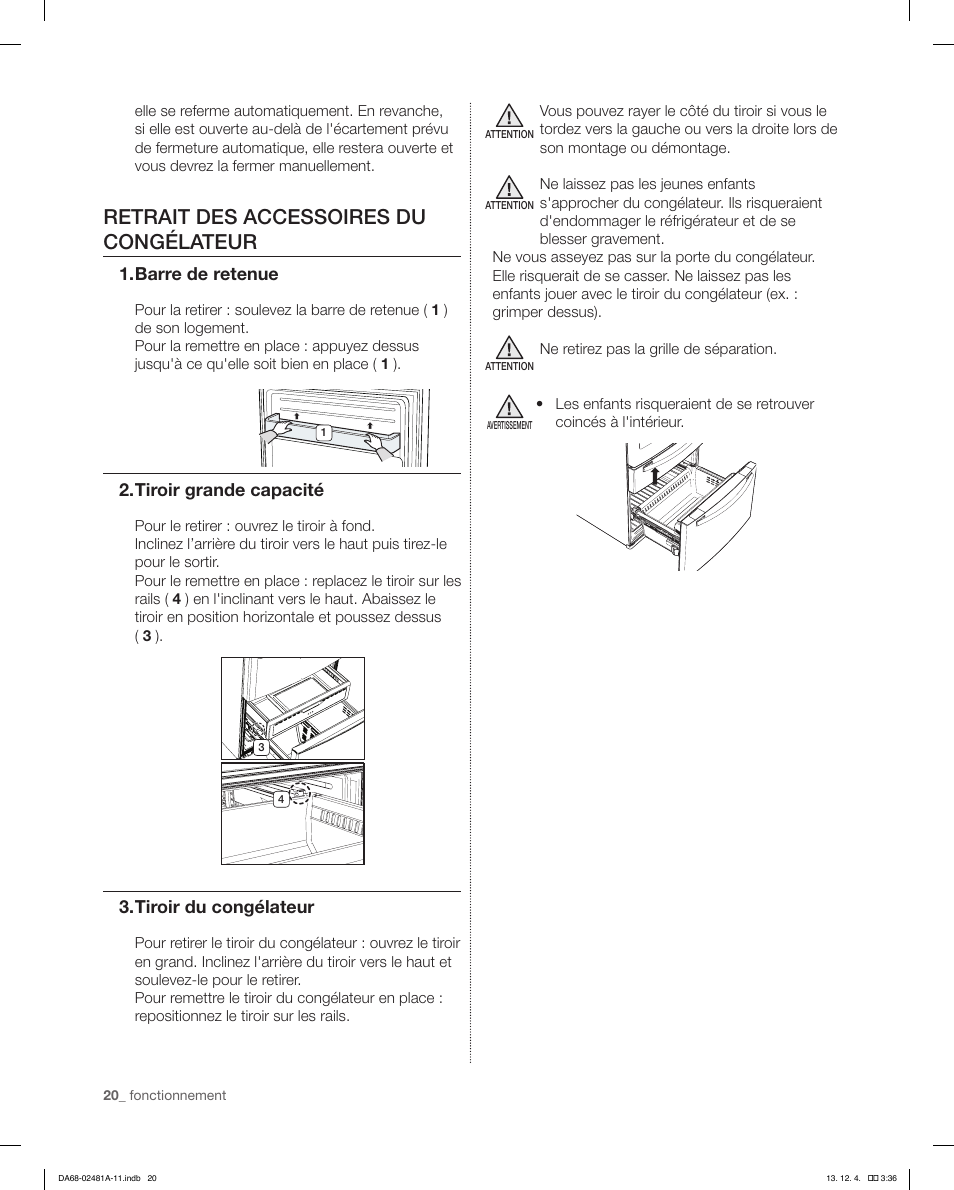 Retrait des accessoires du congélateur, Barre de retenue, Tiroir grande capacité | Tiroir du congélateur | Samsung RF4267HAWP-XAA User Manual | Page 76 / 84