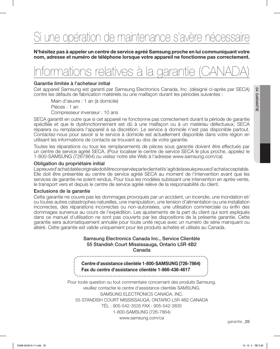 Si une opération de maintenance s'avère nécessaire, Informations relatives à la garantie (canada) | Samsung RF4267HAWP-XAA User Manual | Page 81 / 84