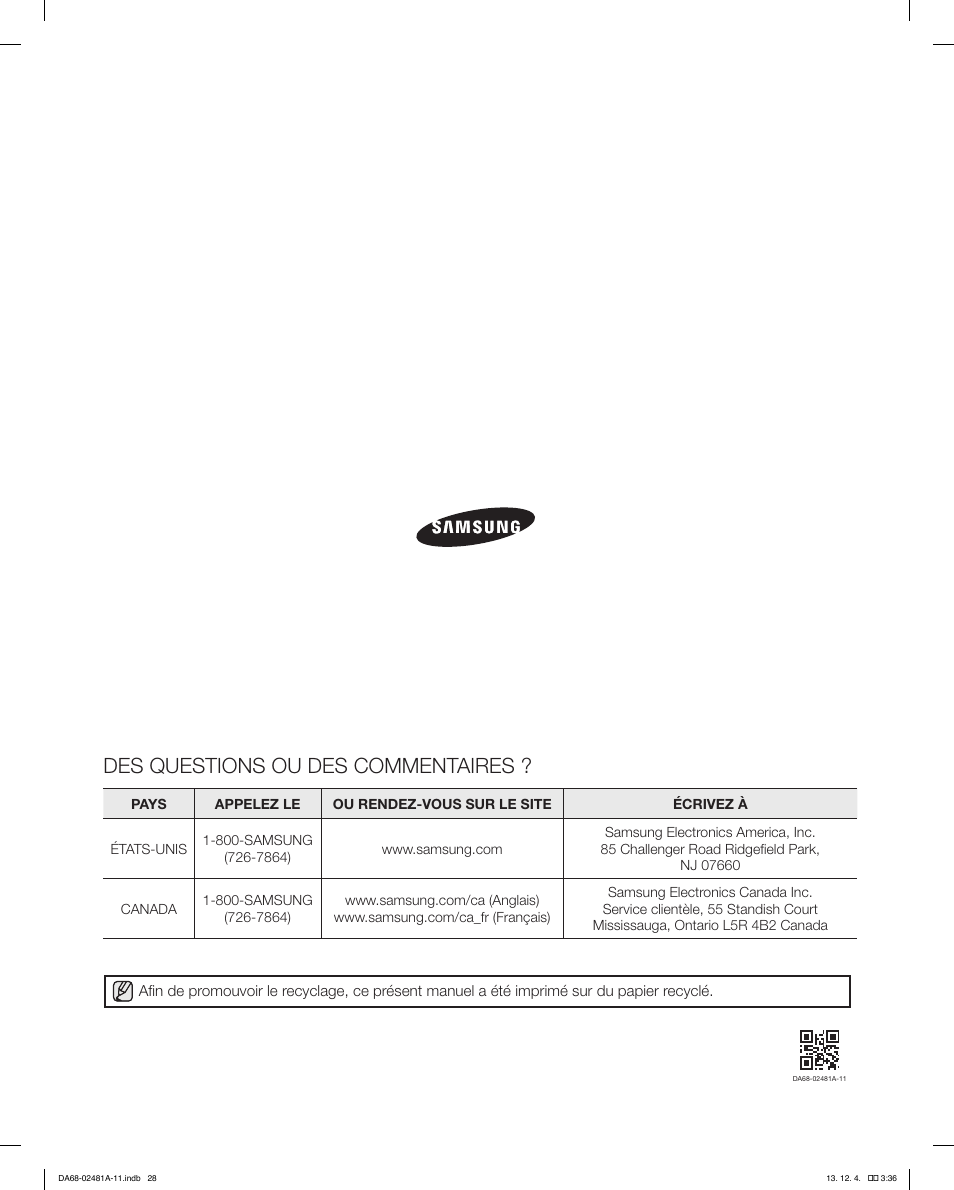 Des questions ou des commentaires | Samsung RF4267HAWP-XAA User Manual | Page 84 / 84