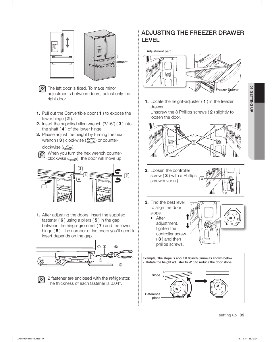 Adjusting the freezer drawer level | Samsung RF4267HAWP-XAA User Manual | Page 9 / 84