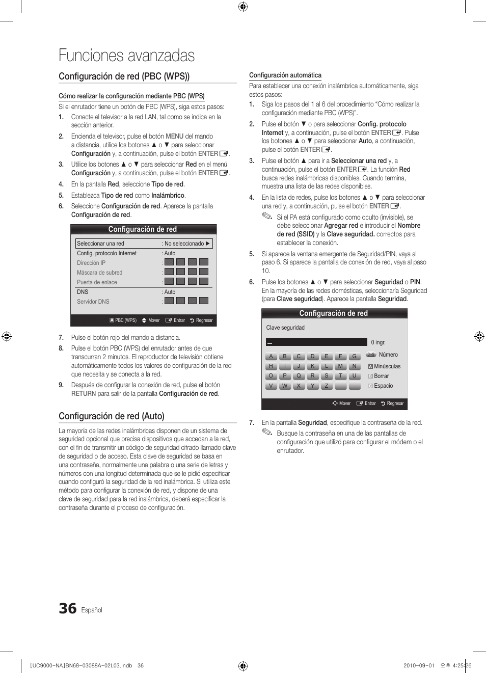 Funciones avanzadas, Configuración de red (pbc (wps)), Configuración de red (auto) | Samsung UN55C9000ZFXZA User Manual | Page 105 / 208