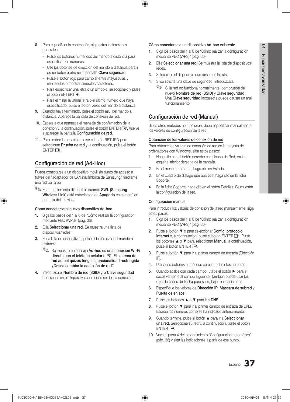 Configuración de red (ad-hoc), Configuración de red (manual) | Samsung UN55C9000ZFXZA User Manual | Page 106 / 208