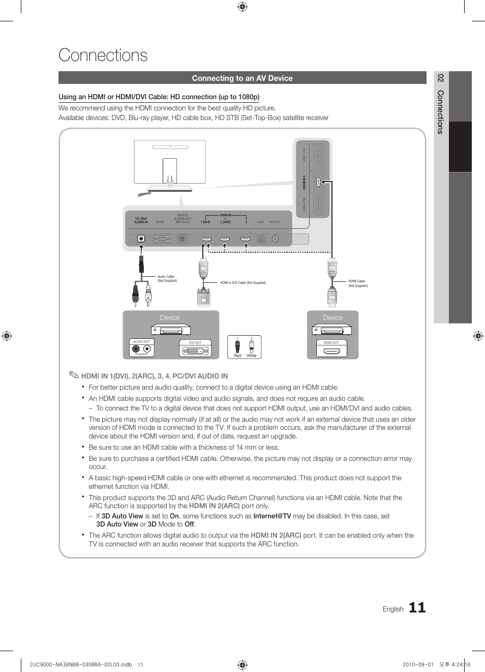 Connections, Connecting to an av device | Samsung UN55C9000ZFXZA User Manual | Page 11 / 208