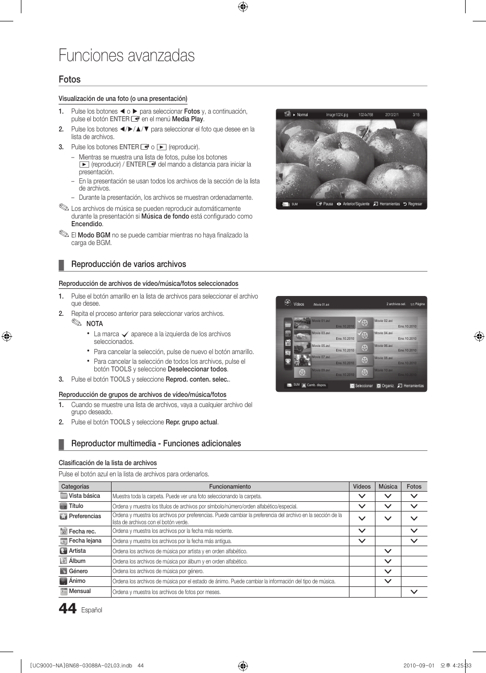 Funciones avanzadas, Fotos, Reproducción de varios archivos | Reproductor multimedia - funciones adicionales | Samsung UN55C9000ZFXZA User Manual | Page 113 / 208