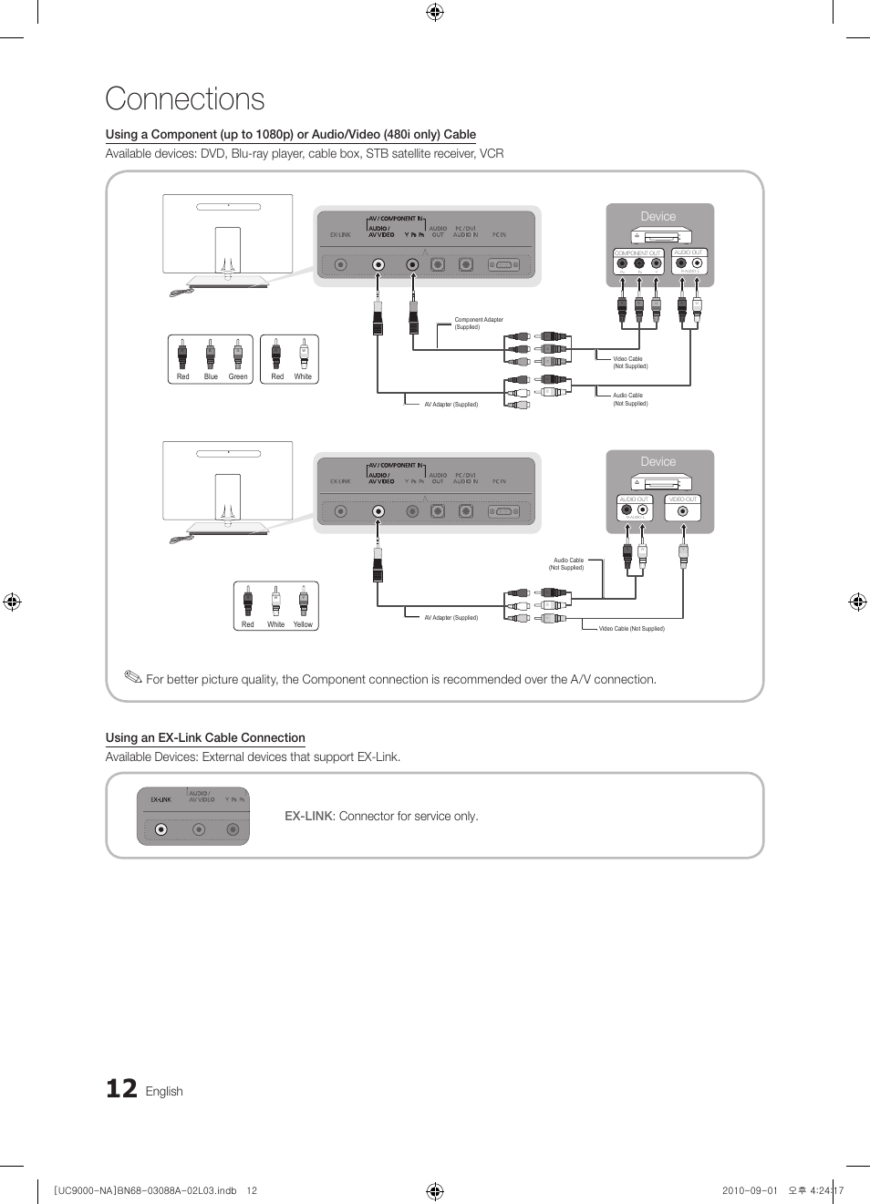 Connections, English, Device | Samsung UN55C9000ZFXZA User Manual | Page 12 / 208