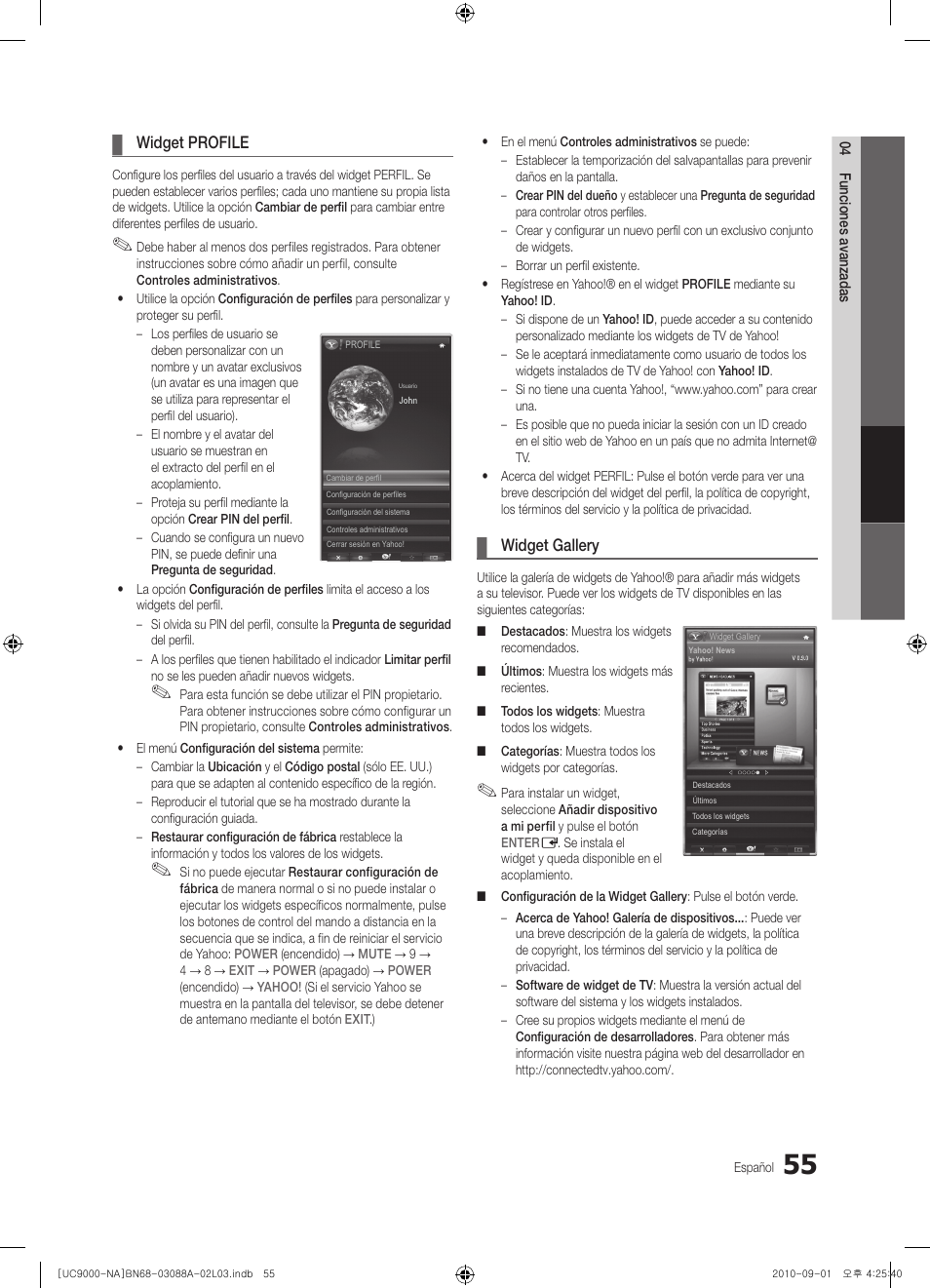 Widget profile, Widget gallery | Samsung UN55C9000ZFXZA User Manual | Page 124 / 208
