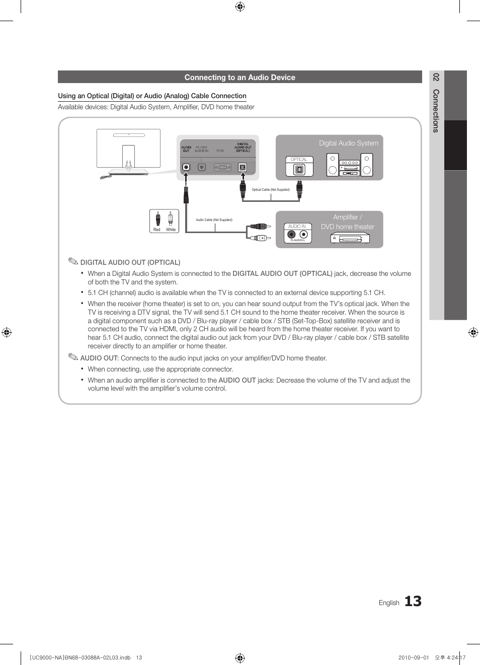Connecting to an audio device | Samsung UN55C9000ZFXZA User Manual | Page 13 / 208
