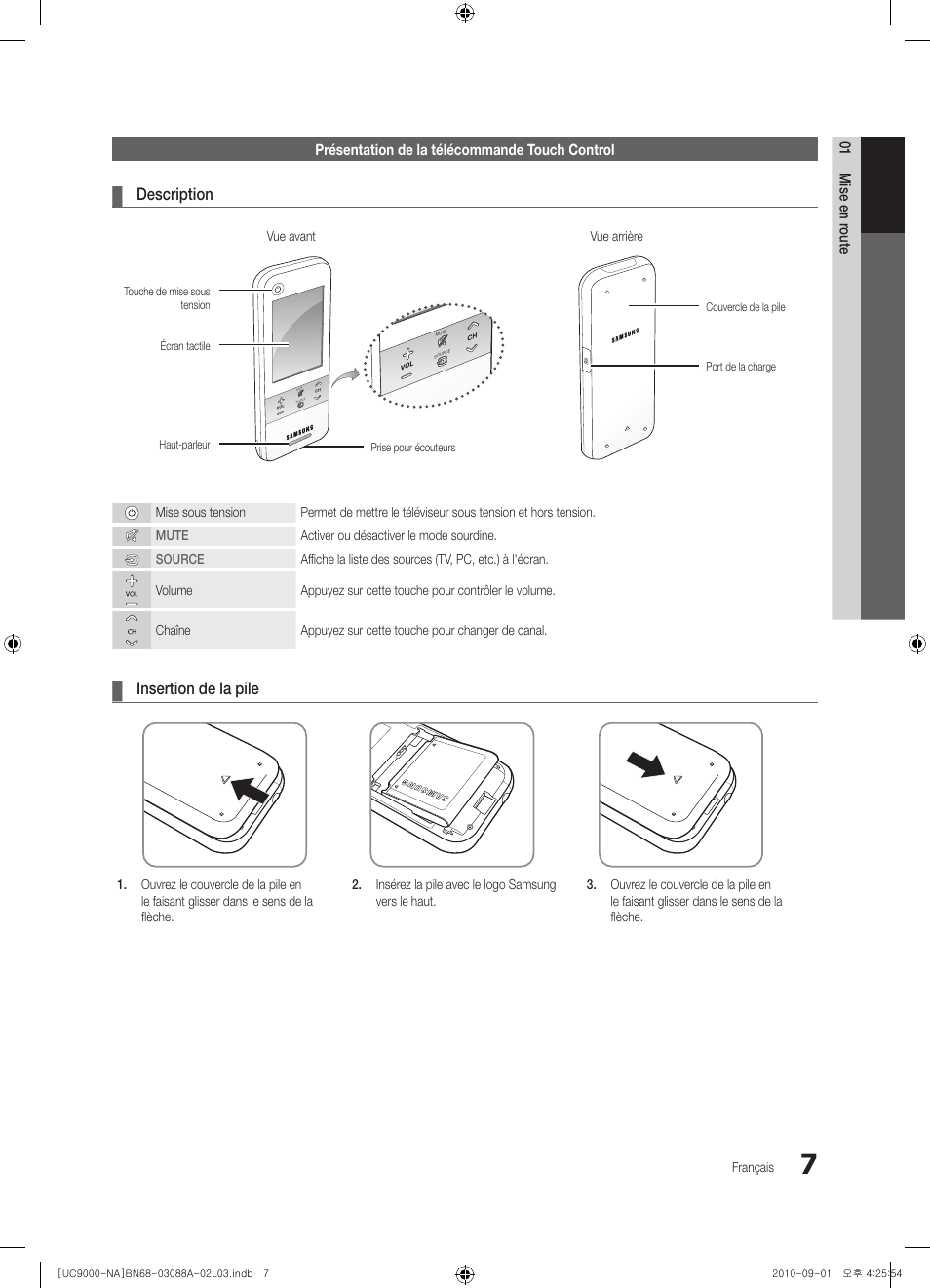 Description, Insertion de la pile | Samsung UN55C9000ZFXZA User Manual | Page 145 / 208