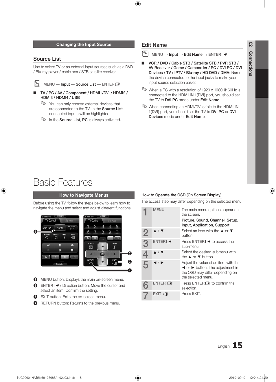 Changing the input source, Basic features, How to navigate menus | Source list, Edit name | Samsung UN55C9000ZFXZA User Manual | Page 15 / 208