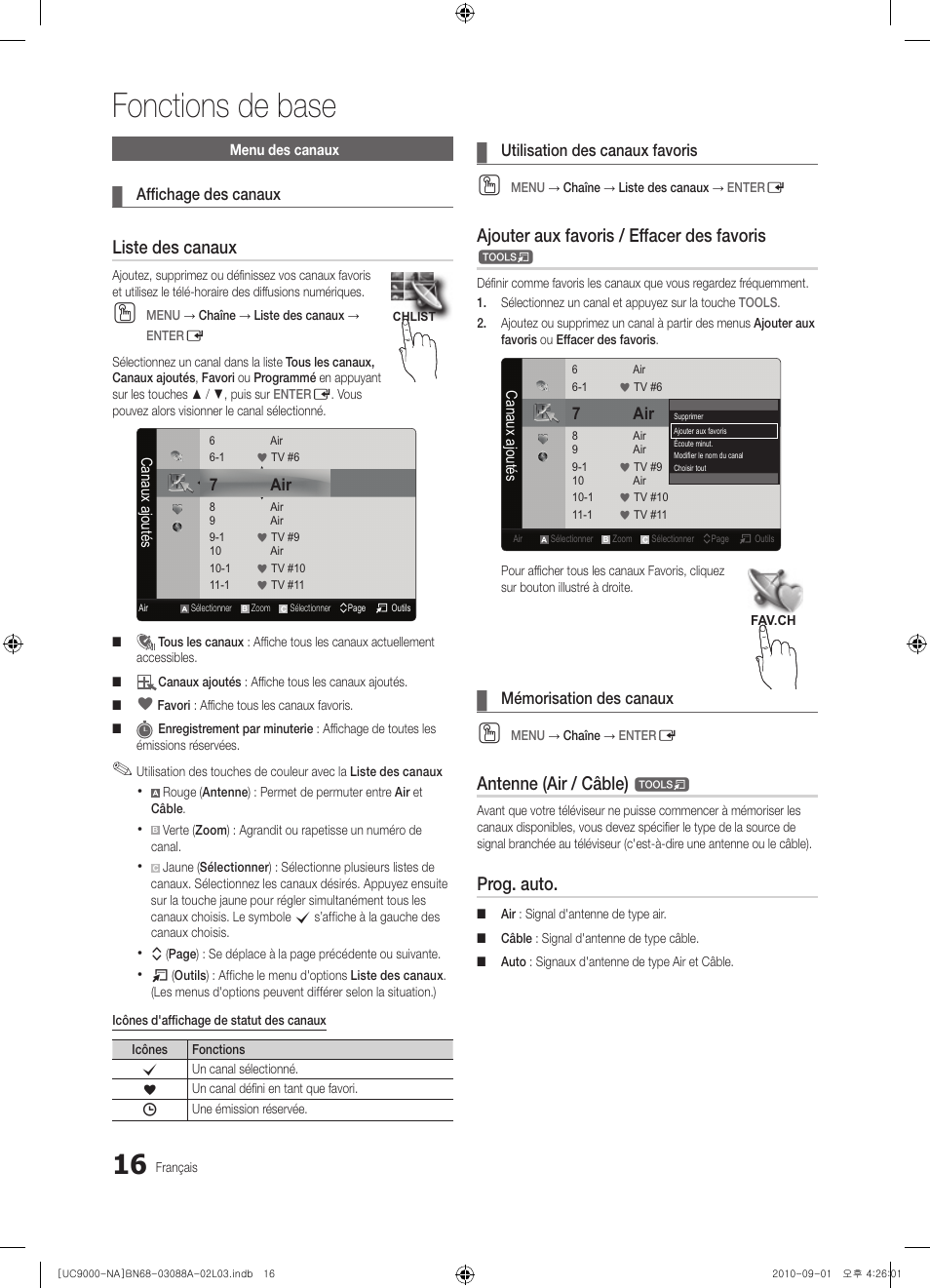 Fonctions de base, Liste des canaux, Ajouter aux favoris / effacer des favoris | Antenne (air / câble), Prog. auto | Samsung UN55C9000ZFXZA User Manual | Page 154 / 208