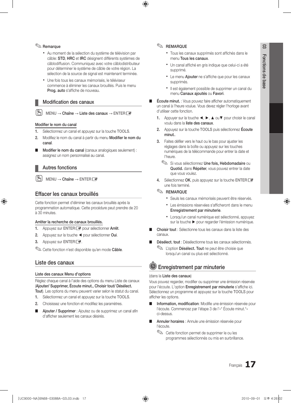 Effacer les canaux brouillés, Liste des canaux, Enregistrement par minuterie | Samsung UN55C9000ZFXZA User Manual | Page 155 / 208