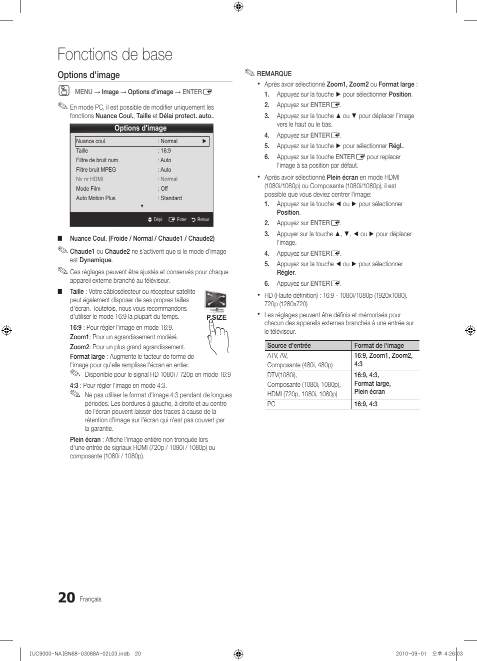 Fonctions de base, Options d'image | Samsung UN55C9000ZFXZA User Manual | Page 158 / 208