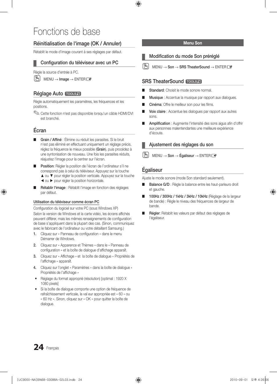 Fonctions de base, Réinitialisation de l'image (ok / annuler), Réglage auto | Écran, Srs theatersound, Égaliseur | Samsung UN55C9000ZFXZA User Manual | Page 162 / 208