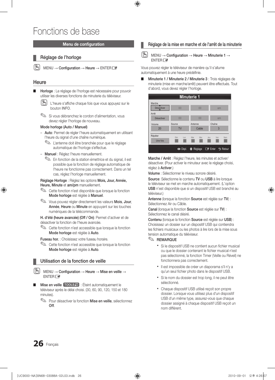 Fonctions de base, Heure | Samsung UN55C9000ZFXZA User Manual | Page 164 / 208