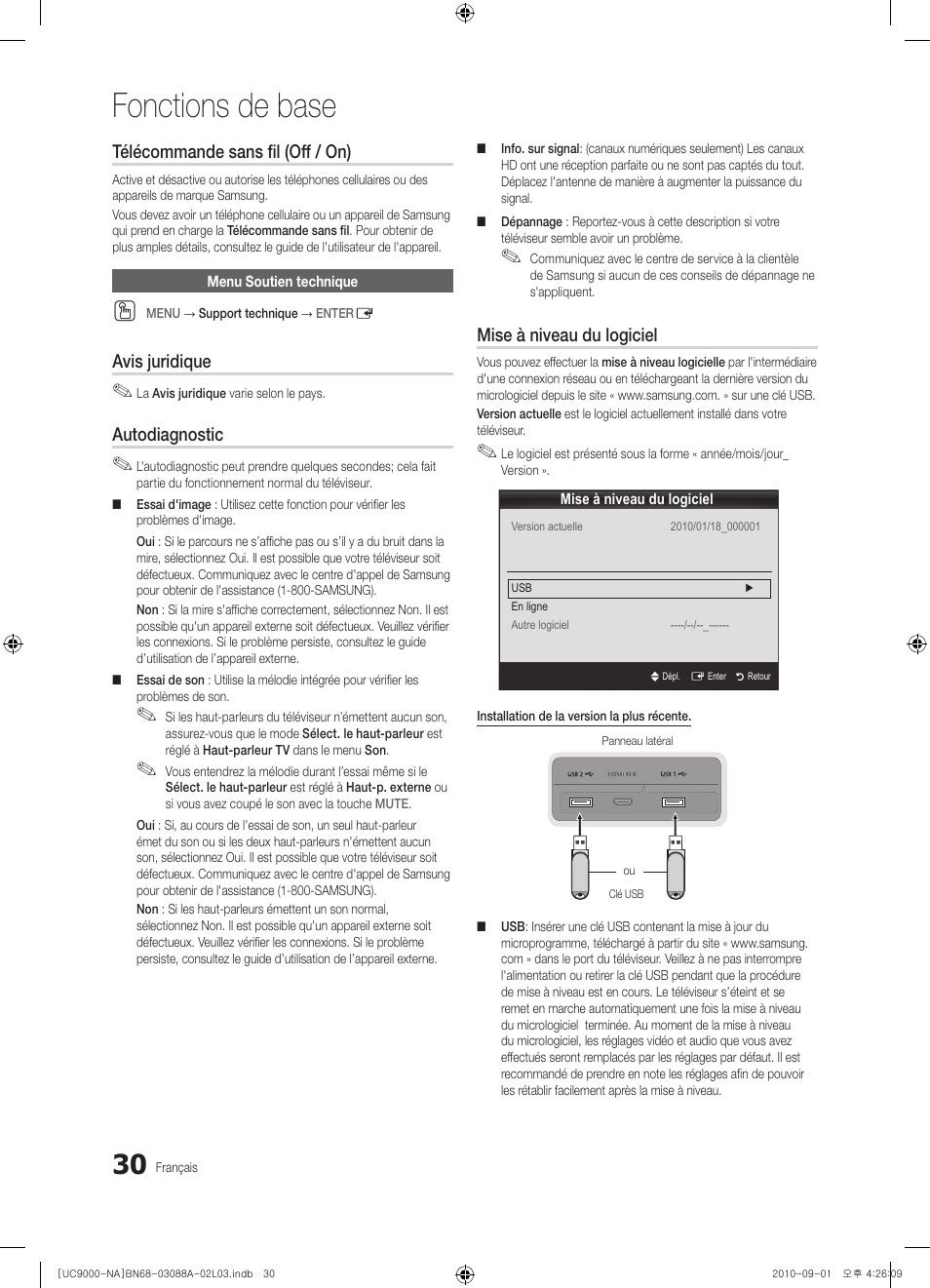 Fonctions de base, Télécommande sans fil (off / on), Avis juridique | Autodiagnostic, Mise à niveau du logiciel | Samsung UN55C9000ZFXZA User Manual | Page 168 / 208
