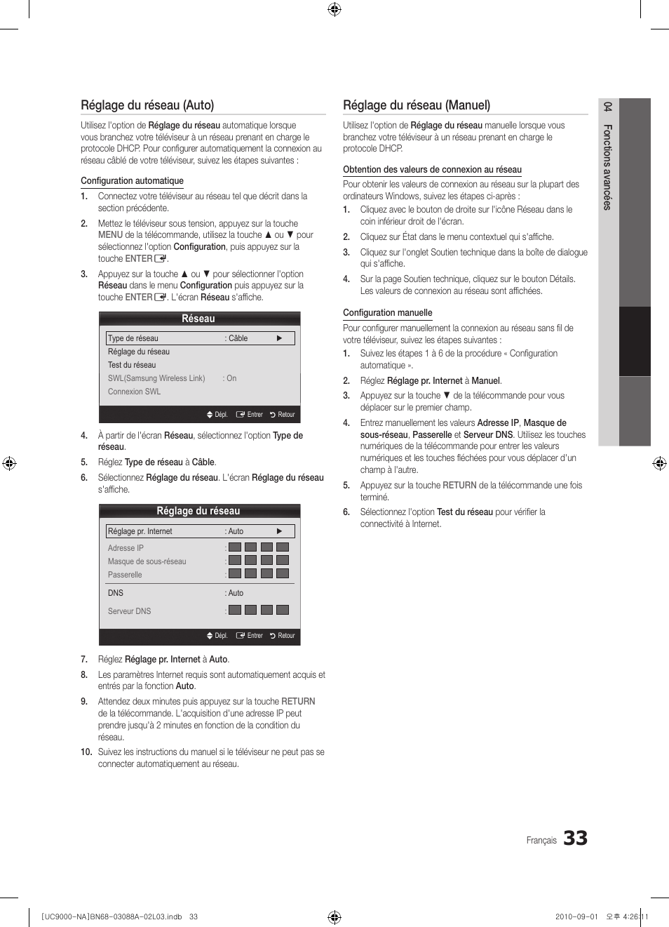 Réglage du réseau (auto), Réglage du réseau (manuel) | Samsung UN55C9000ZFXZA User Manual | Page 171 / 208