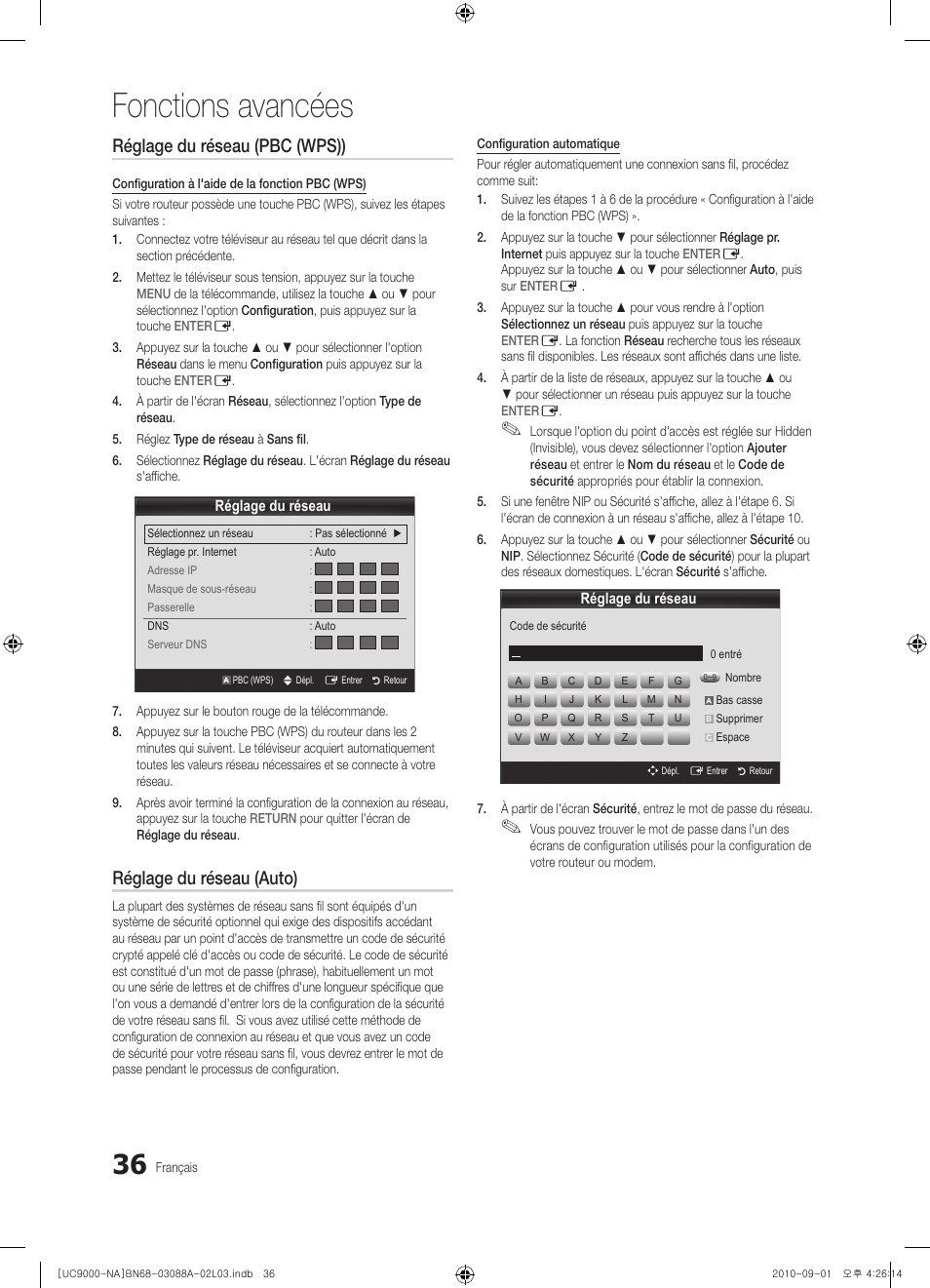 Fonctions avancées, Réglage du réseau (pbc (wps)), Réglage du réseau (auto) | Samsung UN55C9000ZFXZA User Manual | Page 174 / 208