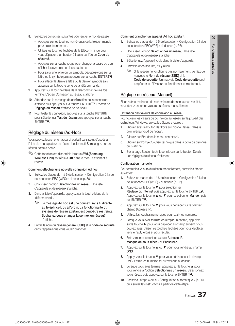 Réglage du réseau (ad-hoc), Réglage du réseau (manuel) | Samsung UN55C9000ZFXZA User Manual | Page 175 / 208