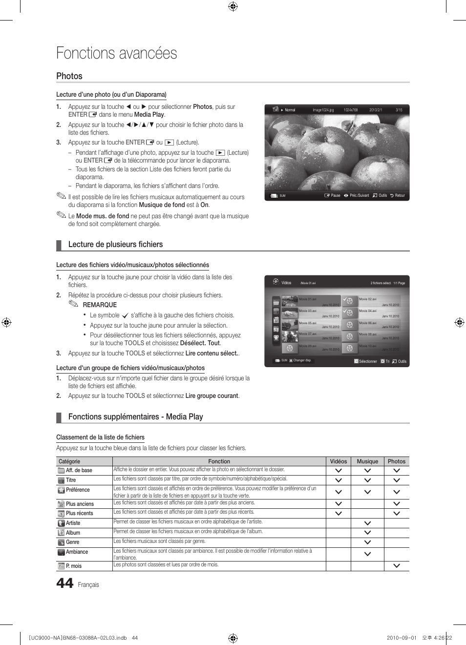 Fonctions avancées, Photos, Lecture de plusieurs fichiers | Fonctions supplémentaires - media play | Samsung UN55C9000ZFXZA User Manual | Page 182 / 208