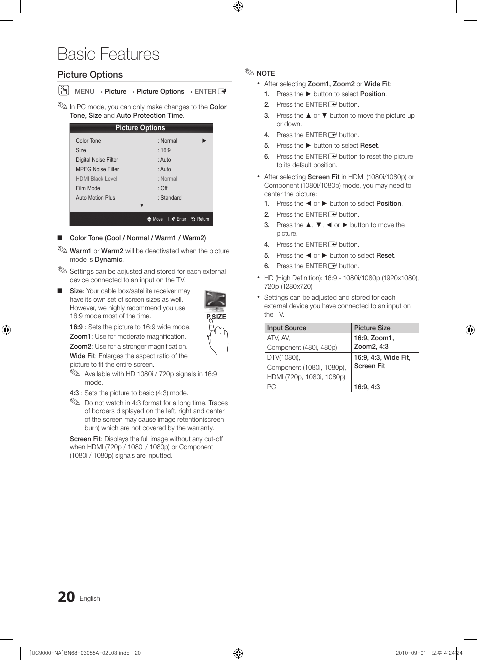 Basic features, Picture options | Samsung UN55C9000ZFXZA User Manual | Page 20 / 208