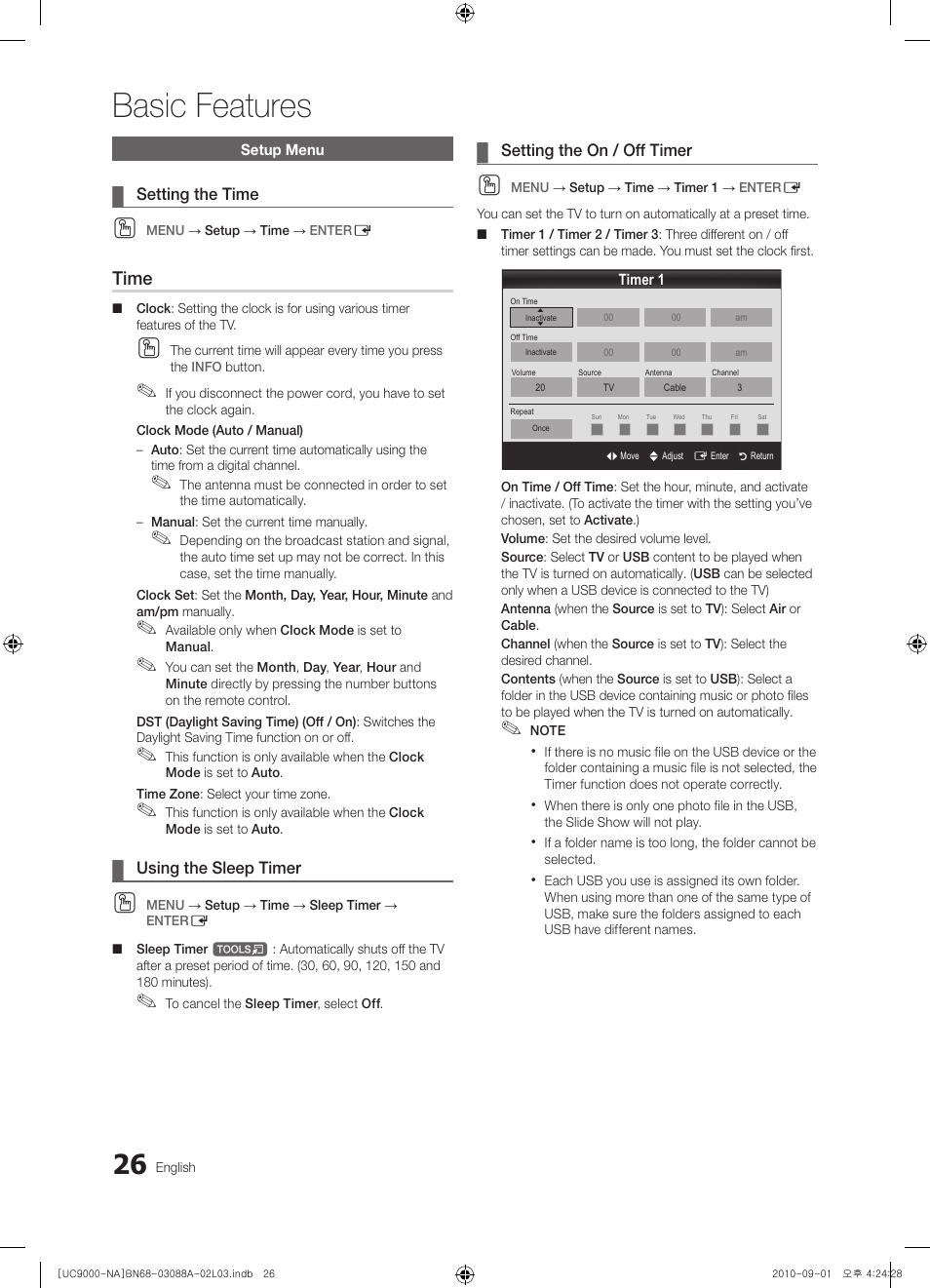 Setup menu, Basic features, Time | Samsung UN55C9000ZFXZA User Manual | Page 26 / 208