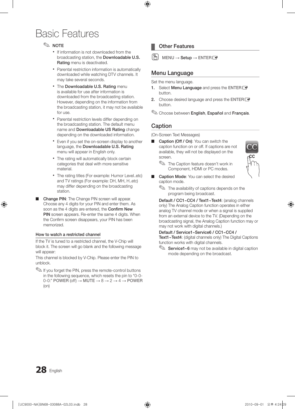 Basic features | Samsung UN55C9000ZFXZA User Manual | Page 28 / 208