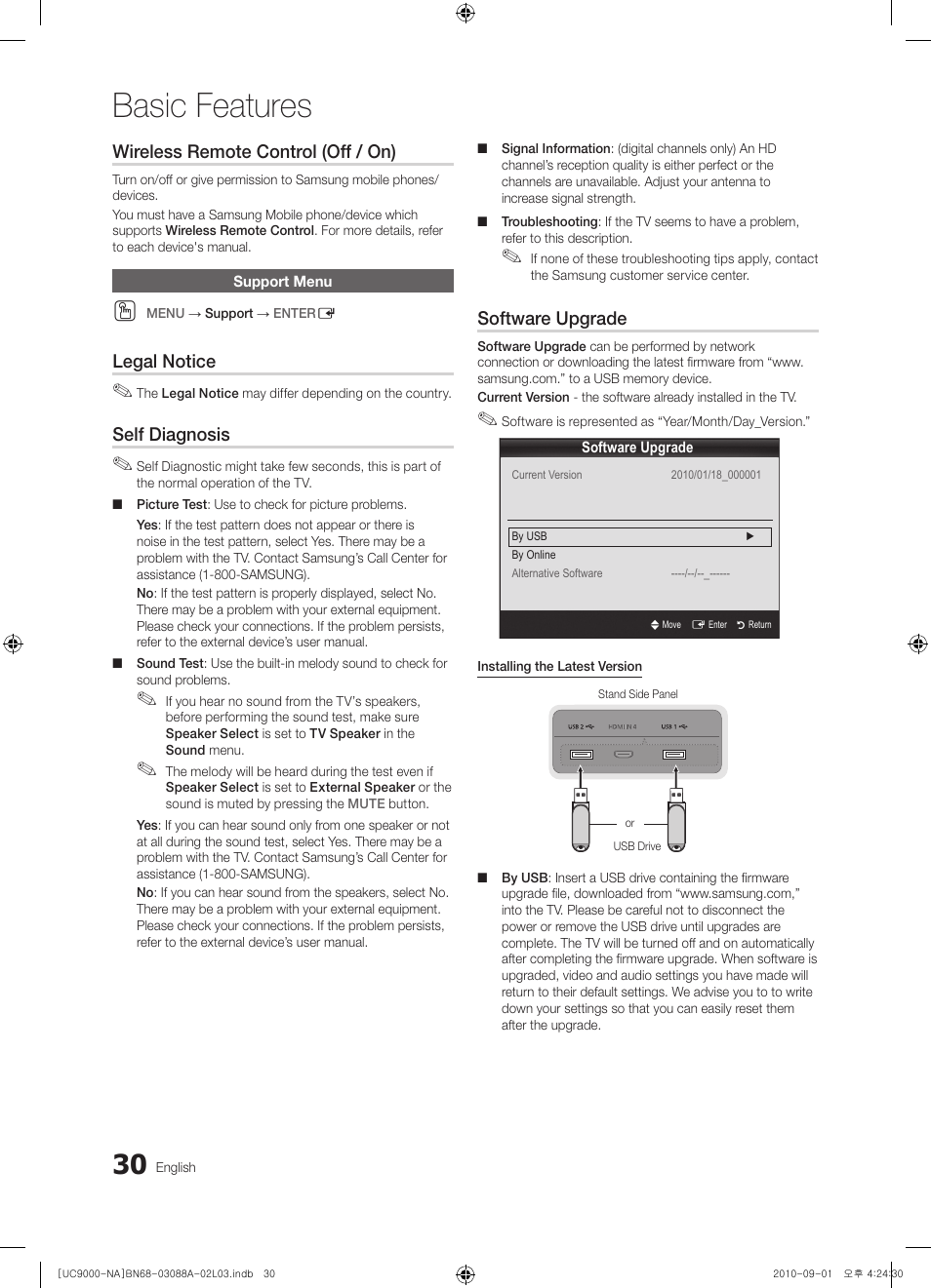 Support menu, Basic features, Wireless remote control (off / on) | Legal notice, Self diagnosis, Software upgrade | Samsung UN55C9000ZFXZA User Manual | Page 30 / 208