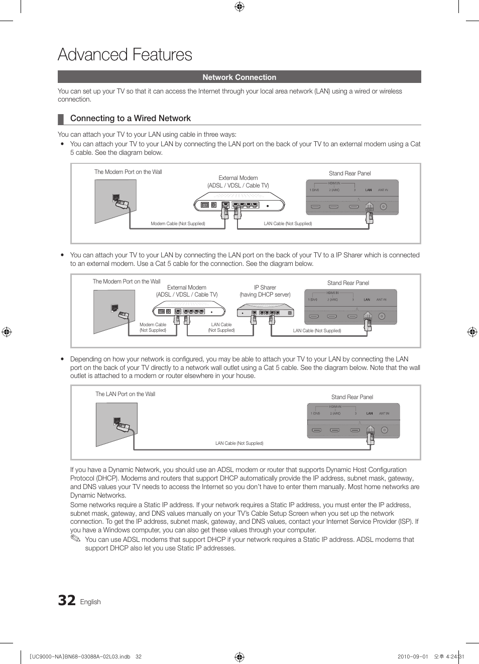 Advanced features, Network connection | Samsung UN55C9000ZFXZA User Manual | Page 32 / 208