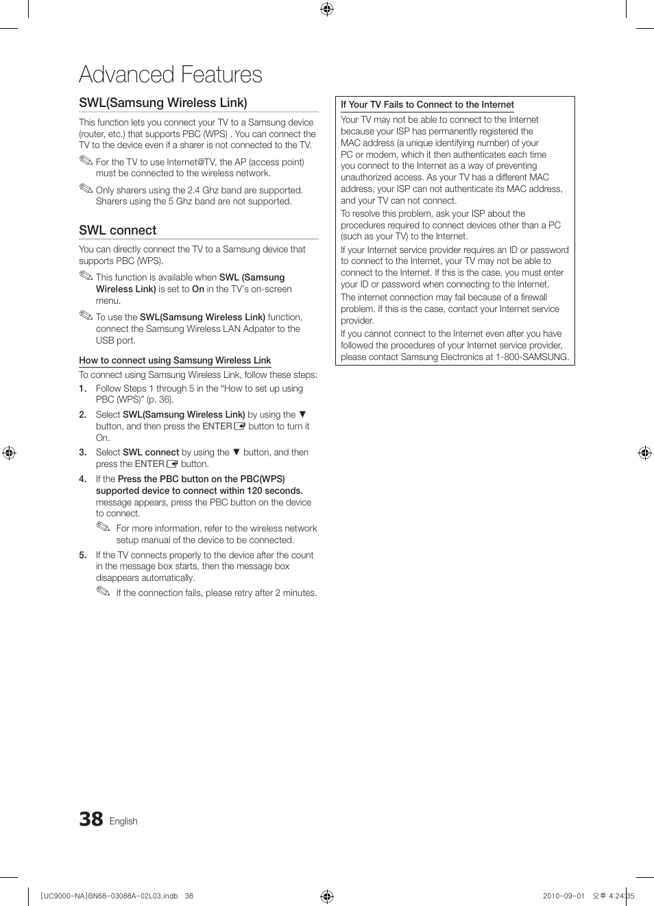 Advanced features | Samsung UN55C9000ZFXZA User Manual | Page 38 / 208