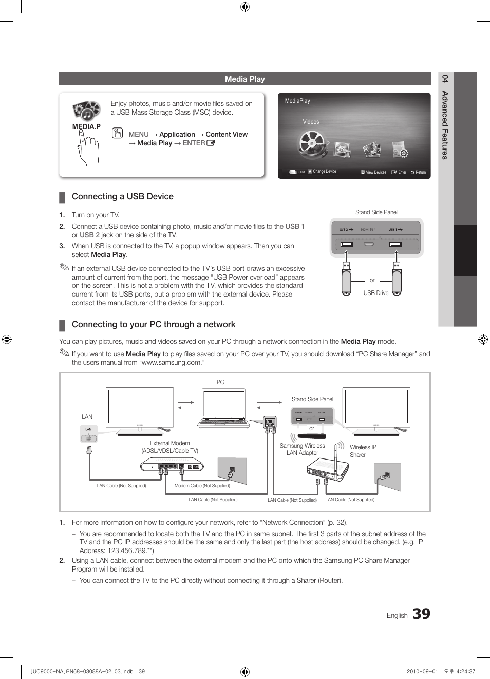Media play | Samsung UN55C9000ZFXZA User Manual | Page 39 / 208