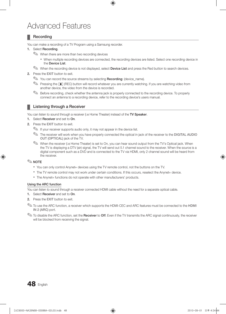 Advanced features | Samsung UN55C9000ZFXZA User Manual | Page 48 / 208