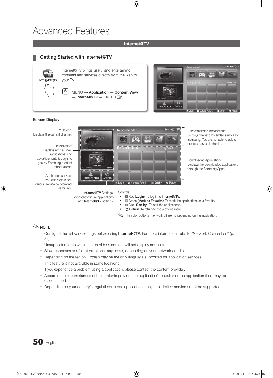 Internet@tv, Advanced features | Samsung UN55C9000ZFXZA User Manual | Page 50 / 208