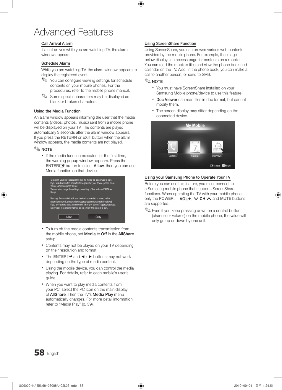 Advanced features | Samsung UN55C9000ZFXZA User Manual | Page 58 / 208
