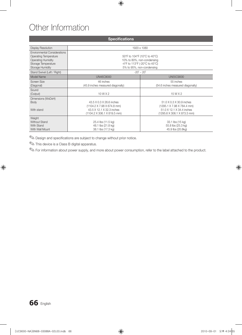 Specifications, Other information | Samsung UN55C9000ZFXZA User Manual | Page 66 / 208