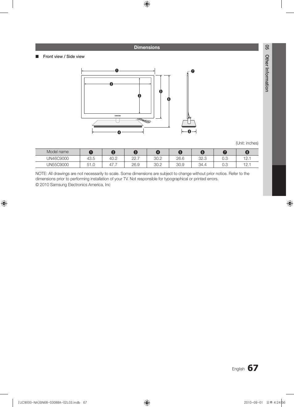 Dimensions | Samsung UN55C9000ZFXZA User Manual | Page 67 / 208