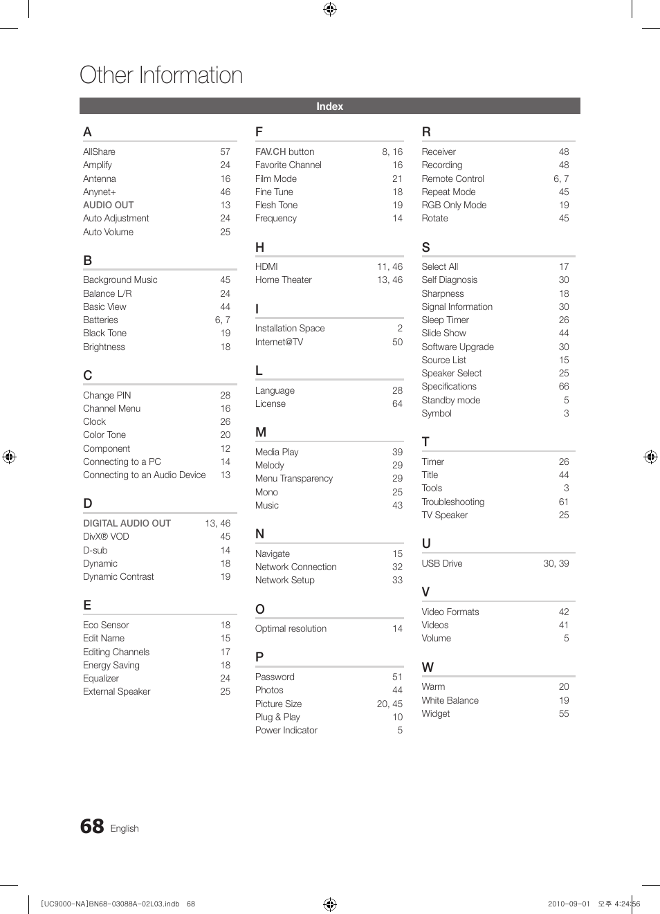 Index, Other information | Samsung UN55C9000ZFXZA User Manual | Page 68 / 208