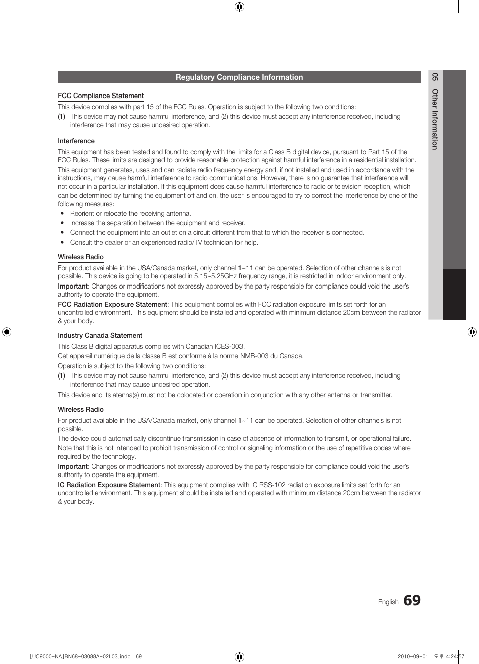 Regulatory compliance information | Samsung UN55C9000ZFXZA User Manual | Page 69 / 208