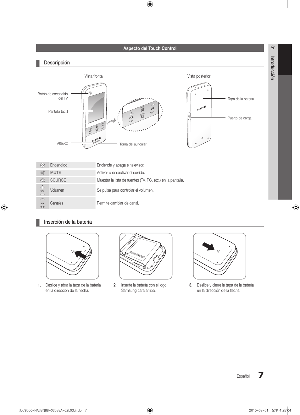 Descripción, Inserción de la batería | Samsung UN55C9000ZFXZA User Manual | Page 76 / 208