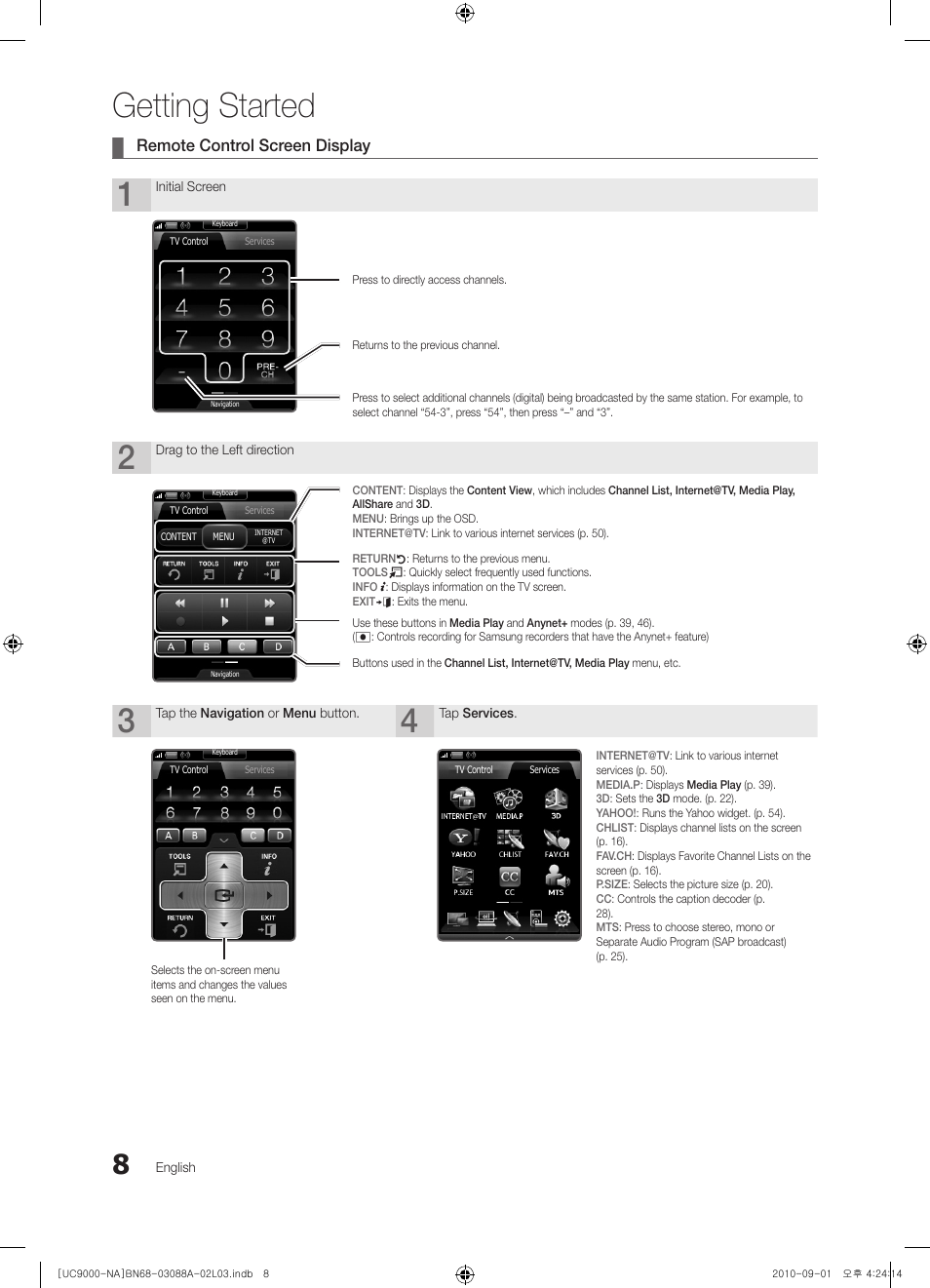 Getting started, Remote control screen display | Samsung UN55C9000ZFXZA User Manual | Page 8 / 208