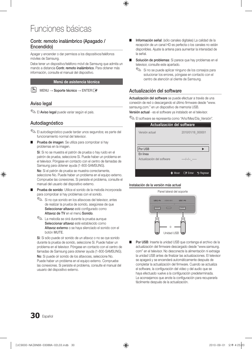 Funciones básicas, Contr. remoto inalámbrico (apagado / encendido), Aviso legal | Autodiagnóstico, Actualización del software | Samsung UN55C9000ZFXZA User Manual | Page 99 / 208