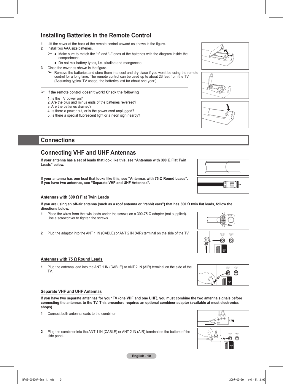 Installing batteries in the remote control, Connections, Connecting vhf and uhf antennas | Connections connecting vhf and uhf antennas | Samsung HLT5676SX-XAA User Manual | Page 10 / 160