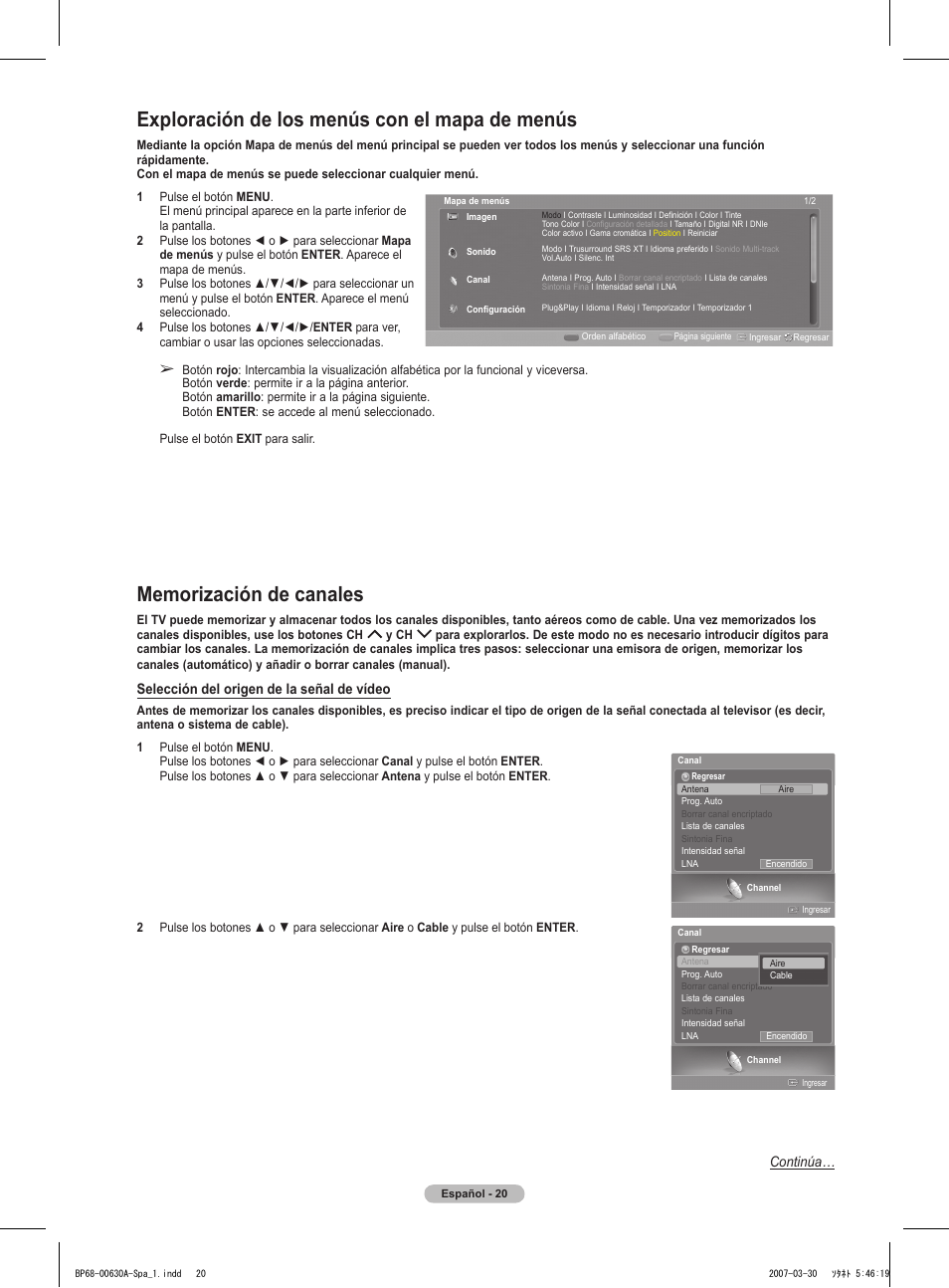 Exploración de los menús con el mapa de menús, Selección del origen de la señal de vídeo, Continúa | Samsung HLT5676SX-XAA User Manual | Page 103 / 160