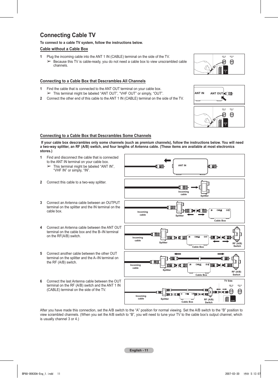 Connecting cable tv | Samsung HLT5676SX-XAA User Manual | Page 11 / 160