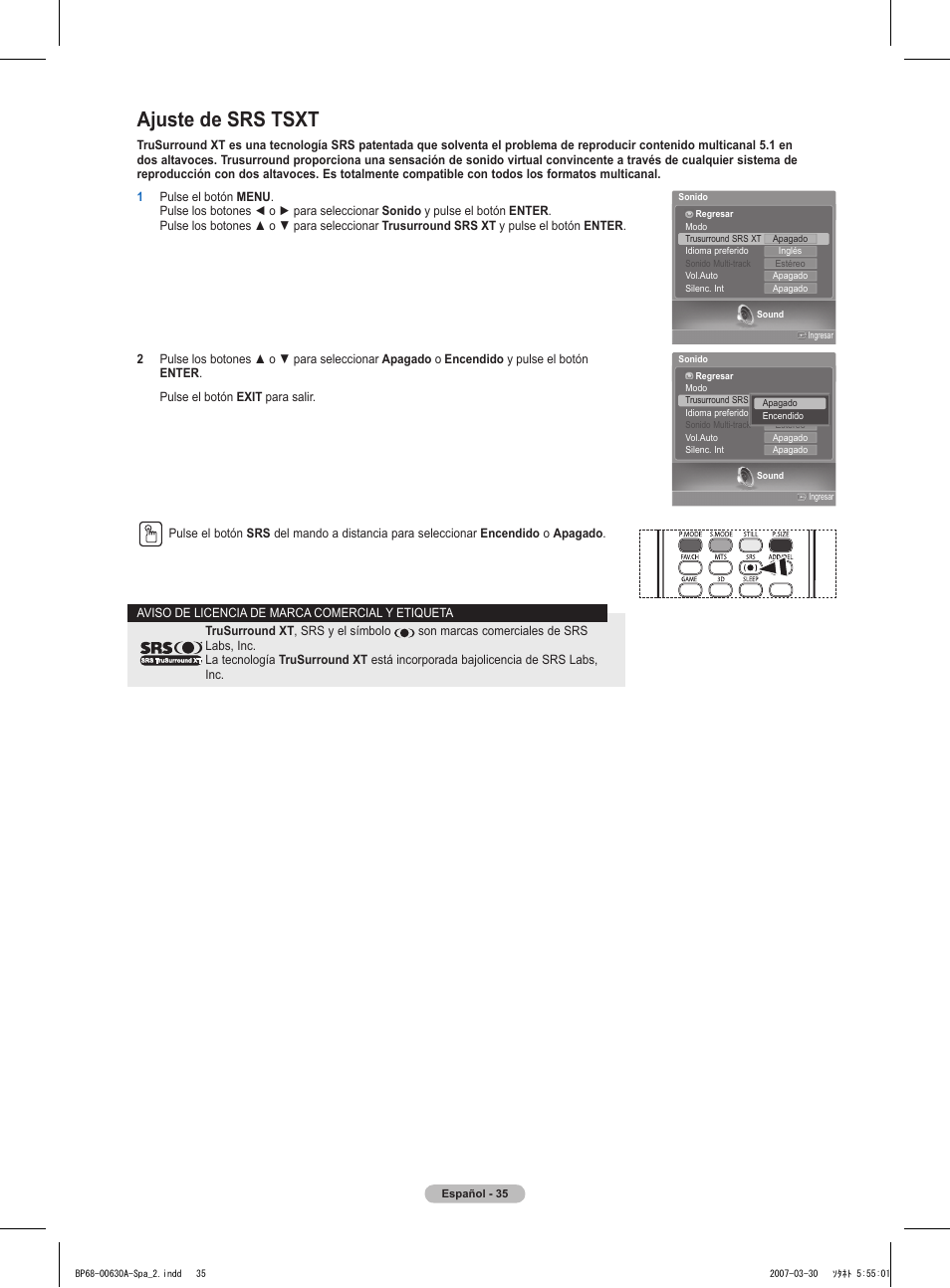 Ajuste de srs tsxt | Samsung HLT5676SX-XAA User Manual | Page 118 / 160
