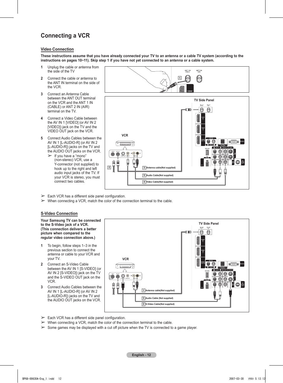 Connecting a vcr | Samsung HLT5676SX-XAA User Manual | Page 12 / 160