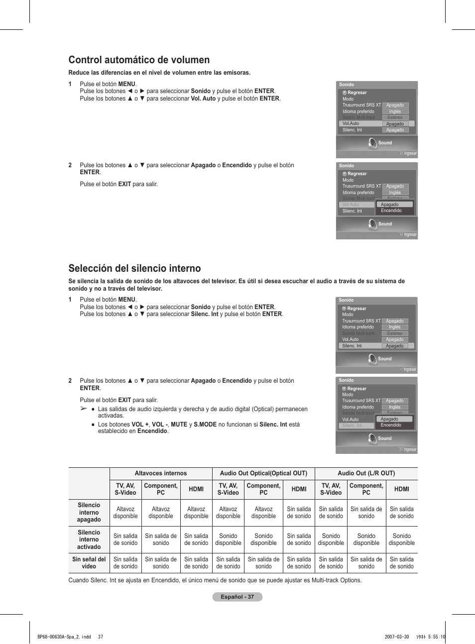 Control automático de volumen, Selección del silencio interno | Samsung HLT5676SX-XAA User Manual | Page 120 / 160