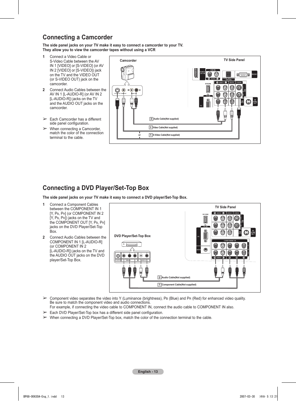 Connecting a camcorder, Connecting a dvd player/set-top box | Samsung HLT5676SX-XAA User Manual | Page 13 / 160